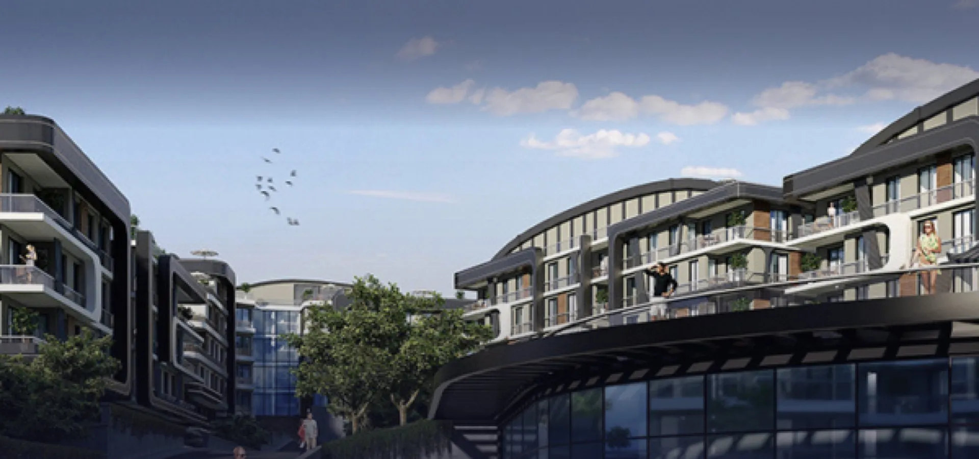 Sokak seviyesinden render: balkonlu, kavisli cepheli modern konut blokları