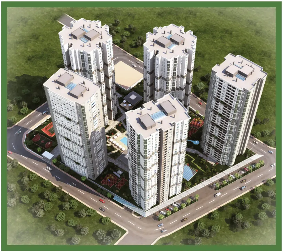 S Towers yerleşiminin kuşbakışı mimari görselleştirmesi: beş kule, yollar ve peyzaj